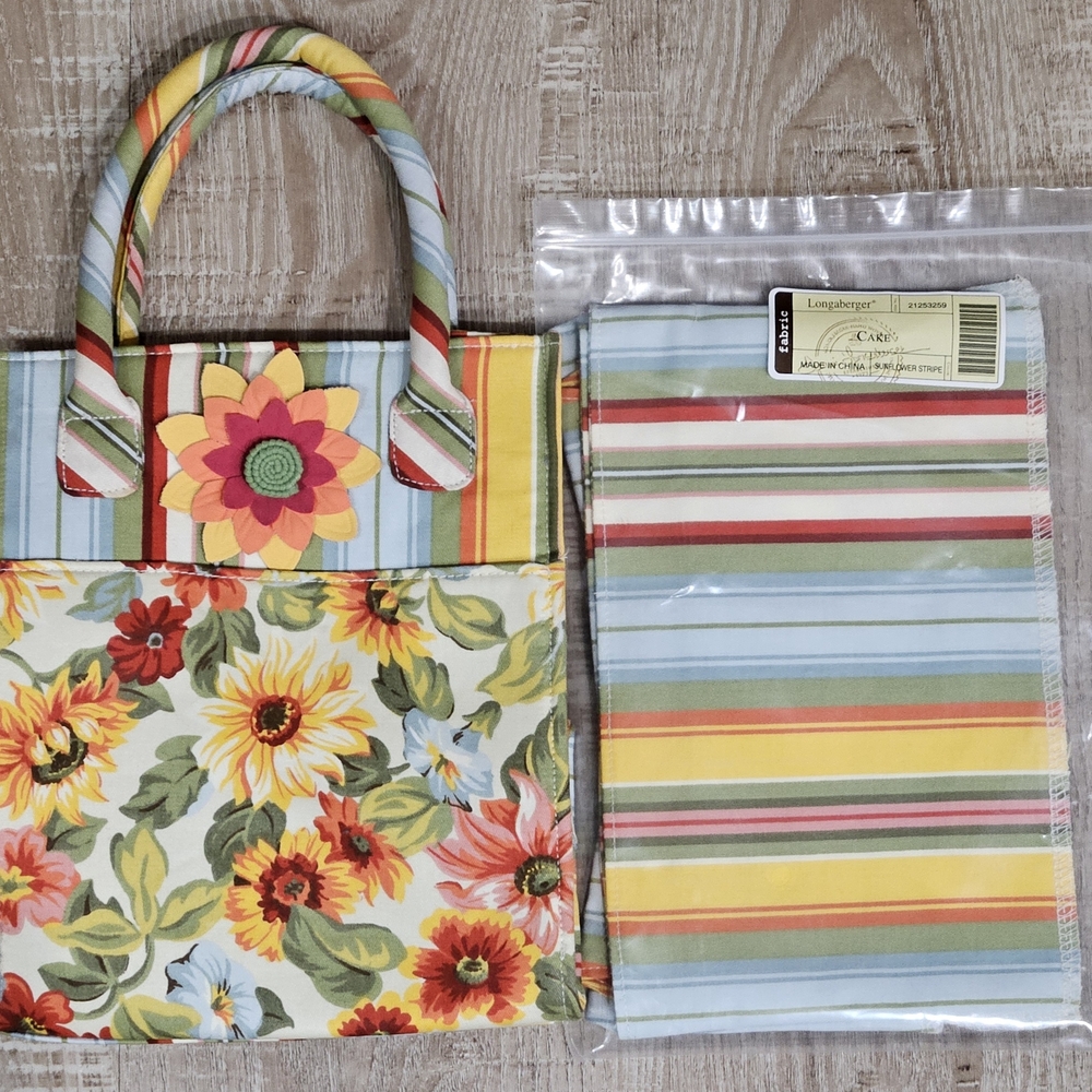 Longaberger CAKE Basket Liner Sunflower Stripe #21253259 & Small Lunch Tote